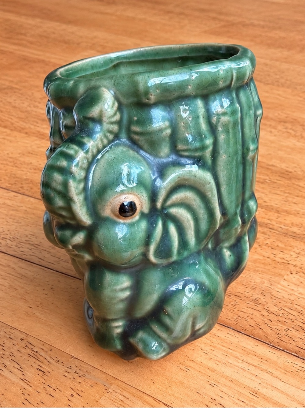 Vintage Green Elephant Planter MP19 Bamboo Motif Ceramic Mottled Glaze